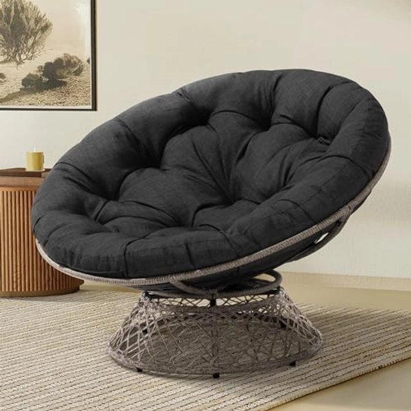 Bme Oversized Wicker Papasan Chair with Soft Thick Density Fabric, High Capacity Steel, 360 Degree Swivel for Living, Bedroom, Reading Room, Lounge, Black Cushion - Gray Frame