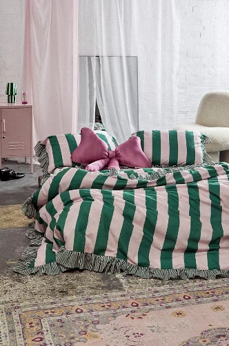 Pink & Green Stripe Ruffle Duvet Set