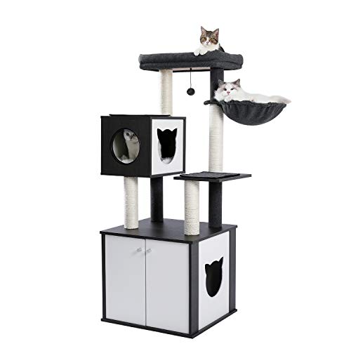 PAWZ Road 59’’ All-in-One Cat Tree Multifunctional Modern Cat Tower High-Grade Wooden Furniture with Cat Washroom Litter Box House, Top Perch and Hammock Black - Black with 2 Doors