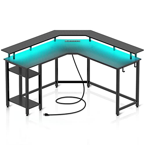 Rolanstar Computer Desk 56" with Power Outlets USB Ports & LED Strip, Reversible L Shaped Desk with Monitor Stand & Storage Shelf, Carbon Fiber Surface, L Shaped Gaming Computer Desk with Hooks - Carbon Black - 56*56*34.4 inch