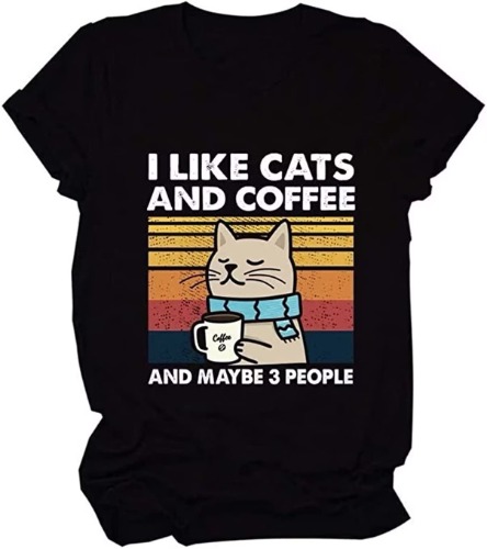 DUDIHOHX I Like Cats and Coffee and Maybe 3 People T-Shirt Cute Cat Graphic Tee Short Sleeve Tops Woman's Casual Shirt - Black XX-Large