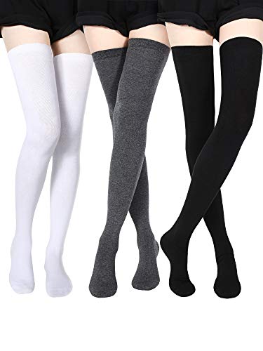 Extra Long Socks Thigh High Cotton Socks Extra Long Boot Stockings for Girls Women - Black, Dark Grey, White - 3