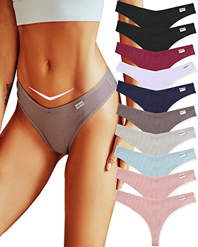 FINETOO Thongs for Women Cotton Underwear Breathable Stretch Low Rise Hipster Panties Sexy S-XL - Thongs 10pack - Large