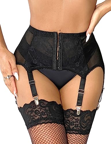 Womens Garter Belts for Thigh Highs Plus Size Suspender Belt Garter Belt Lingerie Sexy Lace Garters with 6 Strap Slip - 12-14 - #Black-Lace (Only Garter)