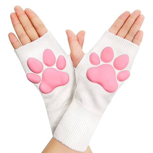 Littleforbig Cosplay 3D Paw Pad Silicone Kitten Fingerless Knitted Warm Stretchy Breathable Cashmere Gloves - White