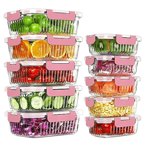 KOMUEE 10 Packs Glass Meal Prep Containers with Lids, Glass Food Storage Containers Set, Airtight Lunch Containers, Microwave, Oven, Freezer and Dishwasher Friendly, Pink - Pink
