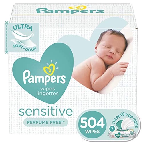 Baby Wipes, Pampers Sensitive Water Based Baby Diaper Wipes, Hypoallergenic and Unscented, 7 Pop-Top Packs, 504 Count Total Wipes (Packaging May Vary) - 7x Pop-Top Packs (504 Count)
