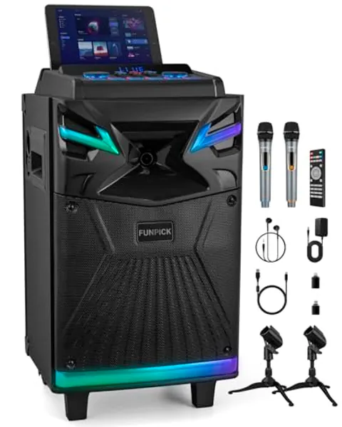Karaoke Maschine mit 2 Mikrofonen, Bluetooth Tragbarer PA Anlage für Erwachsene, 10 Zoll Lautsprecher Support Live Streaming DJ Lights/FM Radio/Aufnahmen, YouTube, Tiktok