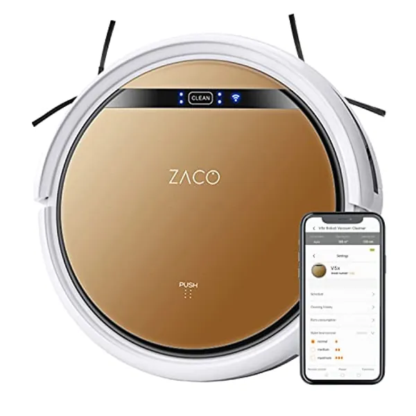ZACO V5x Saugroboter mit Wischfunktion, App & Alexa Steuerung, 8,1cm flach, automatischer Roboter, 2in1 Wischen oder Staubsaugen, für Hartböden, Fallschutz, mit Ladestation, Mit Wlan, 22 W, 65 Dezibel