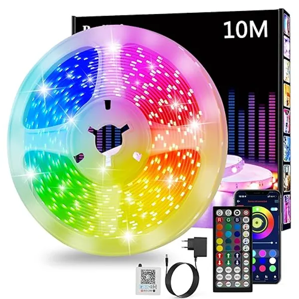 Led Strip 10m, RGB Led Streifen, Bluetooth Smart Led Band Selbstklebend, Led Leiste mit Fernbedienung und APP, Led Lights Dimmbar, Musik Sync, Timer-Einstellung für Gaming Zimmer, Room, Küche, Party
