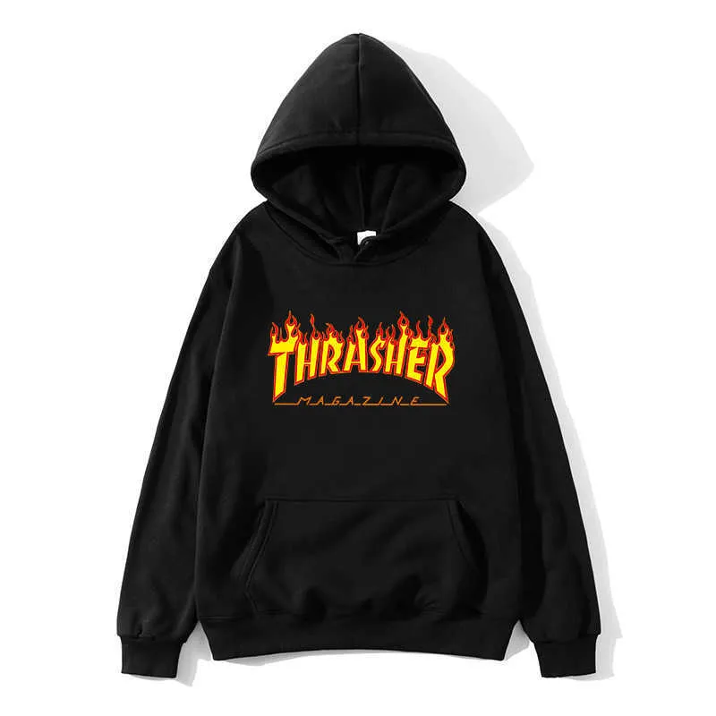 Th Letter fire Printing Hoodies Sweatshirt Pullover Autumn Winter Unisex Casual Silm Fit Women Flame Printed Hooded X0721