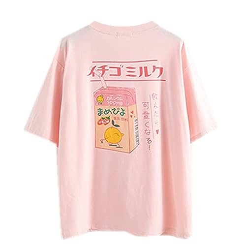 Kawaii-T-Shirt für Mädchen, japanischer Stil, Fruchtsaft-Druck, Baumwolle, Sommer-Top, Teenager, lässige T-Shirts - Einheitsgröße - Rose