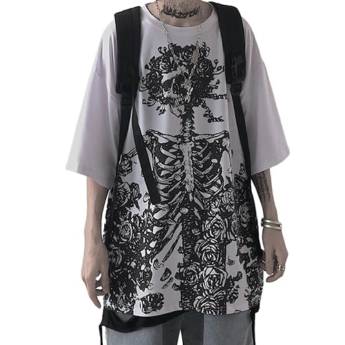 Damen Herren Y2K T-Shirt Skelett Emo Grunge Oversized Gothic Tee Grafik Streetwear Techwear Alt Baggy Dark Academia - L - Weiss/Opulenter Garten