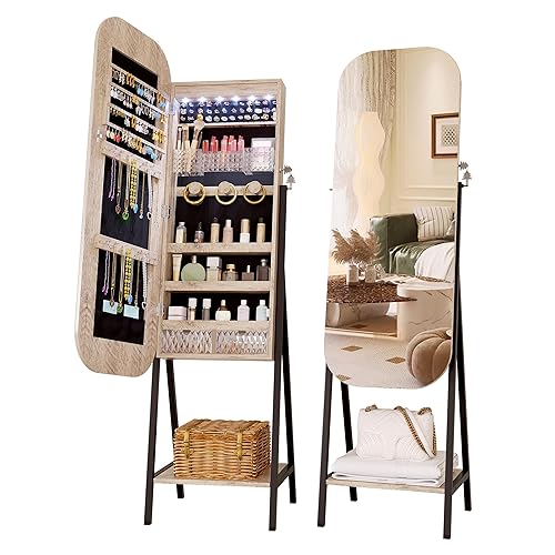 LVSOMT Round Mirror Jewelry Cabinet Standing, Over the Door/Wall Mounted Jewelry Cabinet, Wide Mirror with Storage, Lockable Jewelry Mirror Organizer Full Length, 3 Mounting Options, Brown - Round-Brown