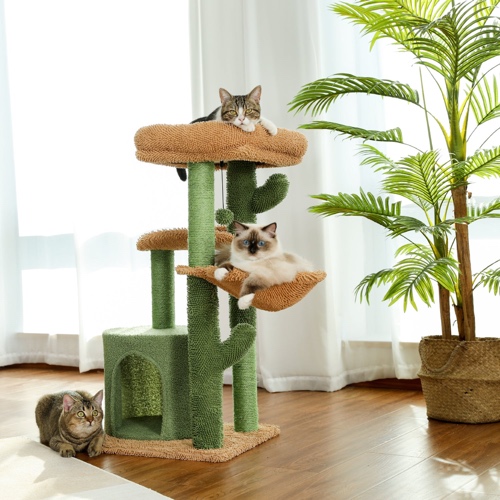 Cactus Cat Tree Cat Tower with Sisal Covered Scratching Post, Cozy Condo, Plush Perches and Fluffy Balls for Indoor Cats XH - Green+Brown