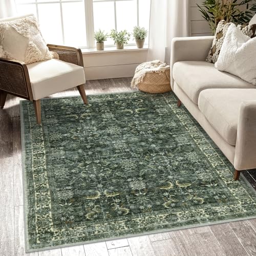 Anidaroel Washable Area Rug 5x7, Boho Large Green Rug for Living Room Vintage Soft Rugs for Bedroom, Non Slip Stain Resistant Dining Room Mat Carpet for Department Entryway Kitchen - Dark Green - 8'x10'