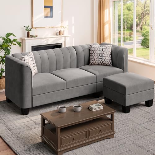 Shintenchi Upgraded Convertible Sectional Sofa Couch, 3 Seat L Shaped Sofa with High Armrest Linen Fabric Small Couch Mid Century for Living Room, Apartment and Office (Light Grey) - Beige