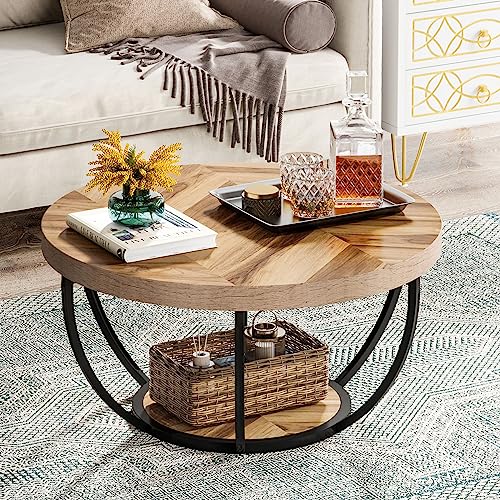 Tribesigns 31.7" Round Coffee Table, Industrial 2-Tier Circle Coffee Table with Storage Shelves, Modern Wooden Accent Center Table Sofa Side Table for Living Room, Home Office, Wooden Grain - Wooden Grain