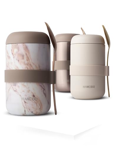 MAMEIDO Thermobehälter für Essen 500ml, Müslibecher to go Edelstahl, Thermobecher Essen auslaufsicher, Ideal für Joghurt, Porridge, Babybrei, Suppen & Eis (Pearl Marble, 0,5l) - 500 ml - Pearl Marble