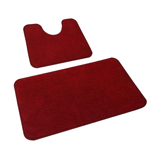 Rururug Badezimmerteppich Set 2 Teilig, Weiche Mikrofaser Badezimmermatte und wc Vorleger mit Ausschnitt, rutschfeste Badematte, Waschbar Badvorleger Set Rot, 50x80+50x40 cm - Rot - 50 x 80 cm+50 x 40 cm