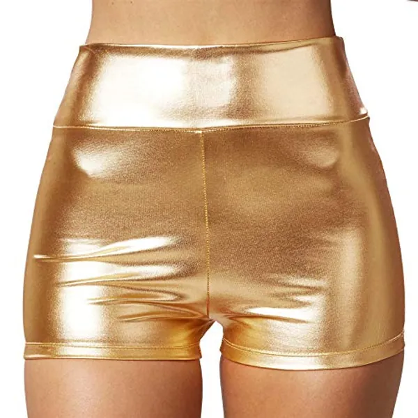 dressforfun 901007 Damen Metallic Hotpants, glänzende Shorts mit hoher Taille, eng anliegende Kurze Hose für Tanz Sport Disco Kostüm Fasching Karneval - Diverse Größen -