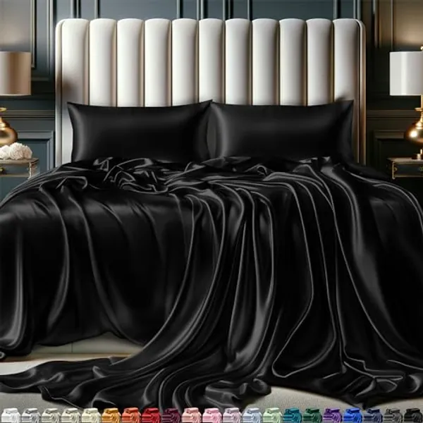 Satin Sheets Full Size Bed (4 Pieces, 21 Colors), Silky Satin Sheet Set -Satin Bed Set with 2 Pillowcase, Satin Fitted Sheet - Black Satin Sheets, Satin Bed Sheets Full, Satin Bedding Set