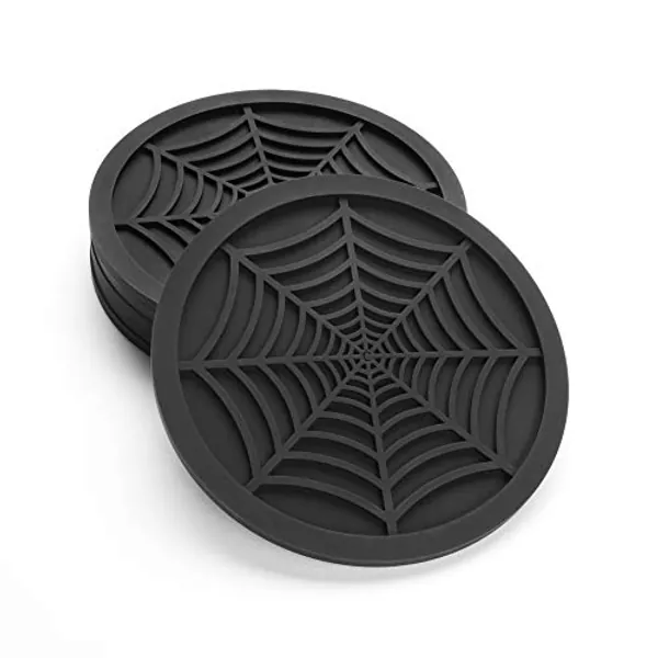 Silicone Coasters For Drinks - 6 Pack Unique Design Spider Drink Coasters, 4" Black Coaster Set by COASTERFIELD