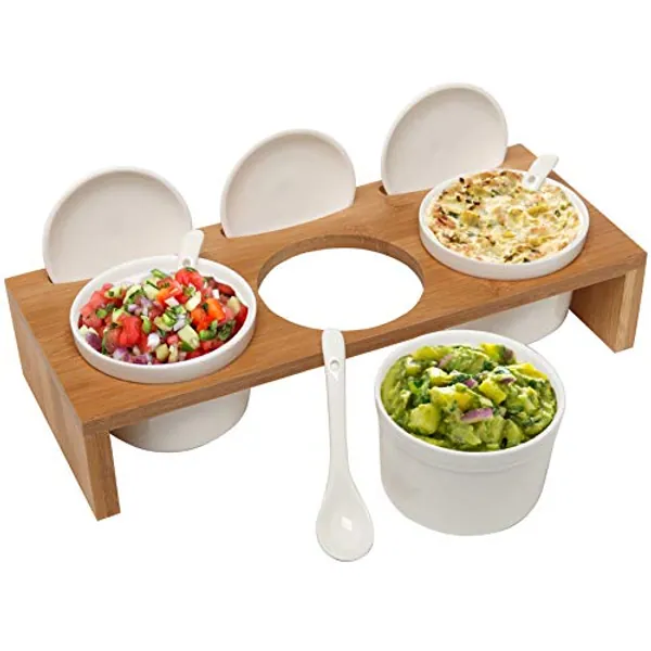 MyGift Wooden Condiment Set, Ceramic Dip Bowls, Sauce Ramekins 3 Piece Set with Lids and Spoons on Bamboo Raised Display Serving Tray