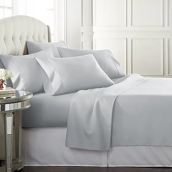 Danjor Linens Queen Sheet Set - 6 Piece Set including 4 Pillowcases - Deep Pockets - Breathable, Soft Bed Sheets - Wrinkle Free - Machine Washable - Light Grey Sheets for Queen Size Bed - 6 pc