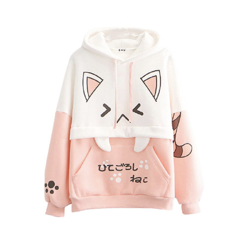 Himifashion Cute Hoodies for Teen Girls Kawaii Cat Print Pullover Hoodie Tops Plus Velvet Sweatshirt Loose Warm Hoodies - rose