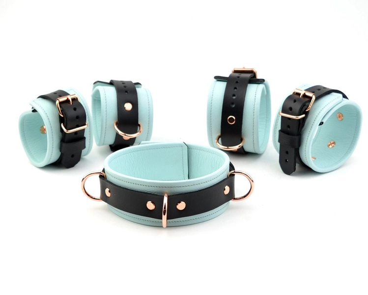 Aqua & Rose Gold Restraint Set | Lockable Collar, Wrist, Ankle Cuffs Bondage | Handcrafted Aqua Adore Blue Leather BDSM Gear | CF3Col33AqRg