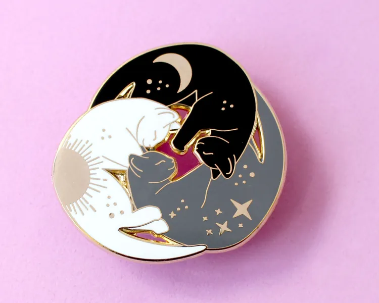 Trio of cats enamel pin Cat enamel pin Black cat pin Celestial enamel pin Sleeping cat Astrology pin cat Sun moon and stars Zodiac Cat lover