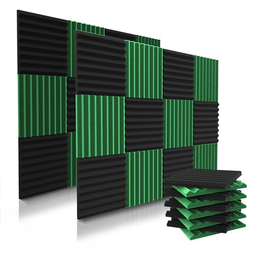 52 Pack Acoustic Panels 1 X 12 X 12 Inches - Acoustic Foam - Studio Foam Wedges - High Density Panels - Soundproof Wedges - Black/Green - 52 Black/Green