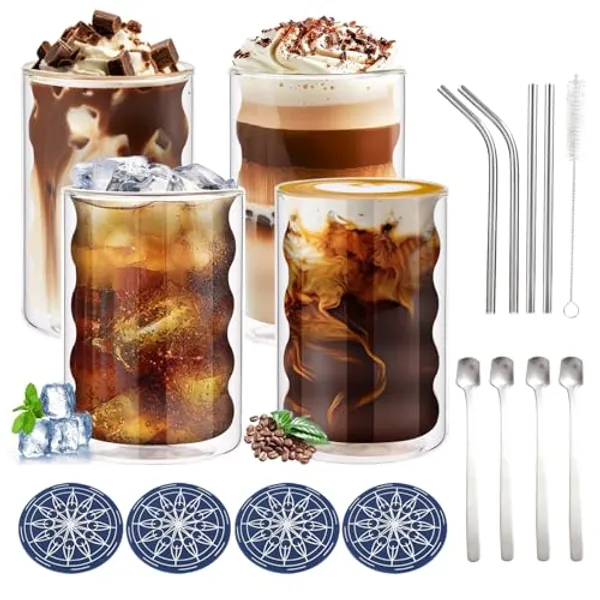Nuo desire Espresso Tassen Latte Macchiato Gläser Doppelwandige 4er 400ML Frappe Gläser Set Kaffee & Bubble Wärmeisolierung Gläser für Whiskey,Bier,Eiskaffee Gläser mit Löffel+Untersetzer+Strohhalme