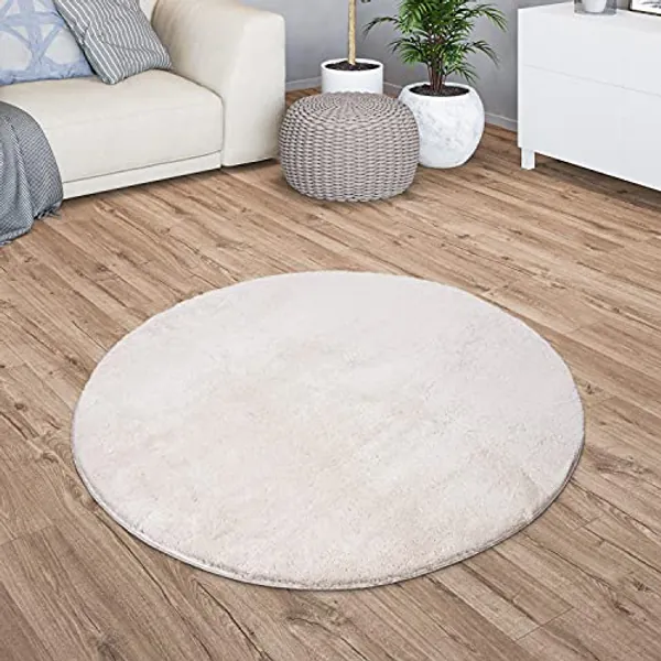 TT Home Teppich Wohnzimmer Kurzflor Anti-Rutsch Rückseite Einfarbiges Design Waschbar, Farbe: Creme, Größe:160 cm Rund