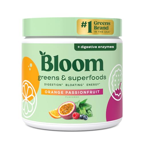 Bloom Nutrition Superfood Greens Powder, Digestive Enzymes with Probiotics and Prebiotics, Gut Health, Bloating Relief for Women, Chlorella, Juice Mix w/Beet Root Powder, 30 SVG, Orange Passionfruit - Orange Passionfruit - 30 Servings (Pack of 1)