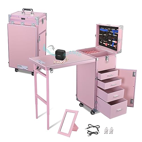 BYOOTIQUE Rolling Manicure Table Foldable Nail Table Makeup Train Case with Desk Cosmetic Trolley Travel Storage Organizer with 4 Drawers Mirror & Speaker for Technician Workstation Salon - Pink