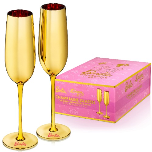 Barbie x Dragon Glassware Champagne Flutes, Barbie Dreamhouse Collection, Gold with Pink Interior Crystal Glass, Mimosa and Cocktail Glasses, 8 oz Capacity, Set of 2
