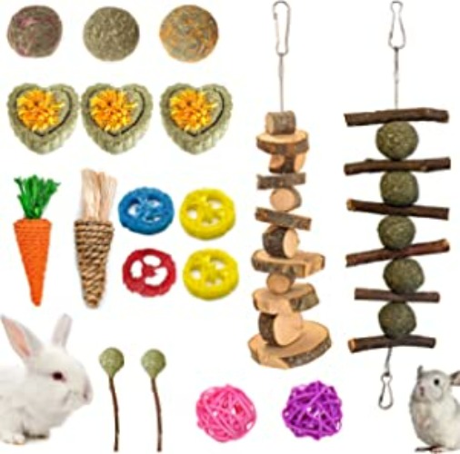 Grddaef 18 PCS Bunny Chew Toys for Teeth, Natural Rabbit Toys Apple Wood Grass Timothy Sticks Chew and Treat for Guinea Pigs Hamster Chinchillas