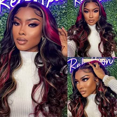 Nadula 12A Blonde Red Highlight Body Wave 13x4 Transparent Lace Front Wigs Human Hair for Women Glueless HD Brazilian Skunk Stripe Wigs Lace Front Wig Pre Plucked with Baby Hair 150% Density 24Inch - 24 Inch - Blonde and Red Highlight 13x4 Lace Front Wigs