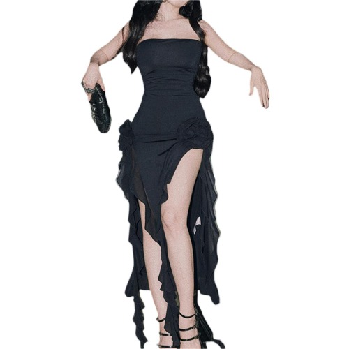 Women Sexy Tube Top Dress Sleeveless Backless Floral Tassels Ruffle Split Long Dresses Club Party Dress Y2K Streetwear - Black Small