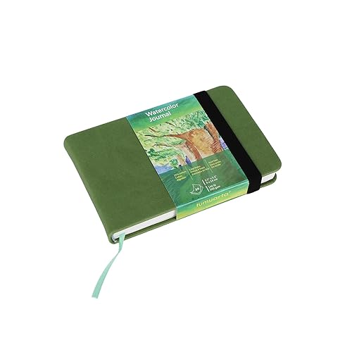 tumuarta Watercolor Journal, 3.5x5.5”, 140 LB, 300 GSM, Cotton Paper, Cold Press, 24 Sheets, 48 Pages, Watercolor Sketchbooks for Use As Travel Notebook Mixed Media Pad On The Go - Green