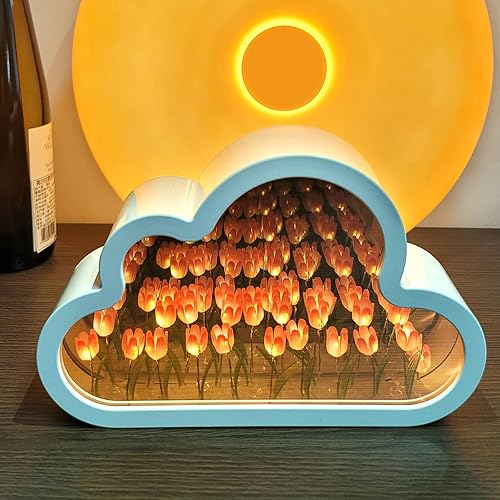 Fximey Tulip Night Light Cloud Mirror Light Decorative Night Lamp Bedside Table Lamp Bedroom Livingroom Desktop Decor Girls Birthday Christmas Gift - Pink, NL1-PK - Pink