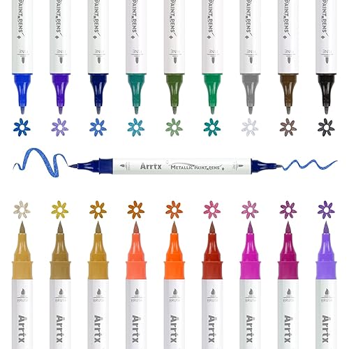 Arrtx Metallic Paint Pens 18 Colors Metallic Brush Marker and Fine Tip Marker Dual-Tips for Rock Painting, Wood, Fabric, Plastic, Canvas, Black Paper,Easter Egg, Halloween Decorations - 18