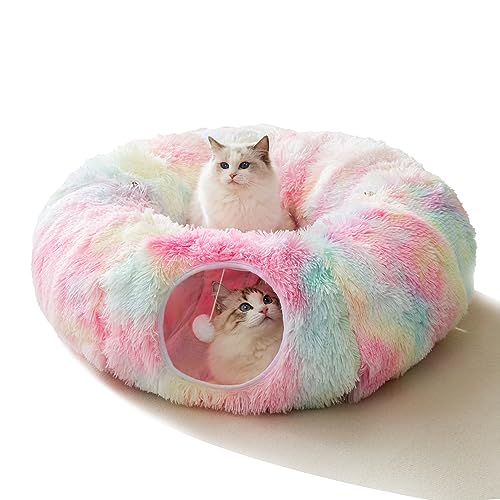 HIPIPET Winter Plush Cat Tunnel with Cat Bed for Indoor Cats,Multifunctional Cat Toys for Small Medium Large Cat. (Rainbow) - Rainbow