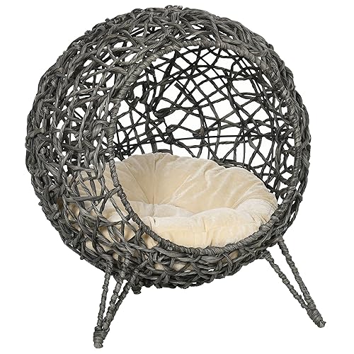 PawHut Rattan Elevated Cat Bed House Kitten Basket Ball Shaped Pet Furniture w/Removable Cushion - Silver-Tone and Grey - Grey