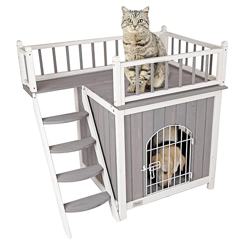Petsfit Cat House Indoor, Iron Lockable Door Cat Houses for Indoor Cats with Balcony Design,Side Window, Connect The Pet Stairs (Modern, Grey) - Gray(With Ladder) - 70 x 49 x 65 centimetres