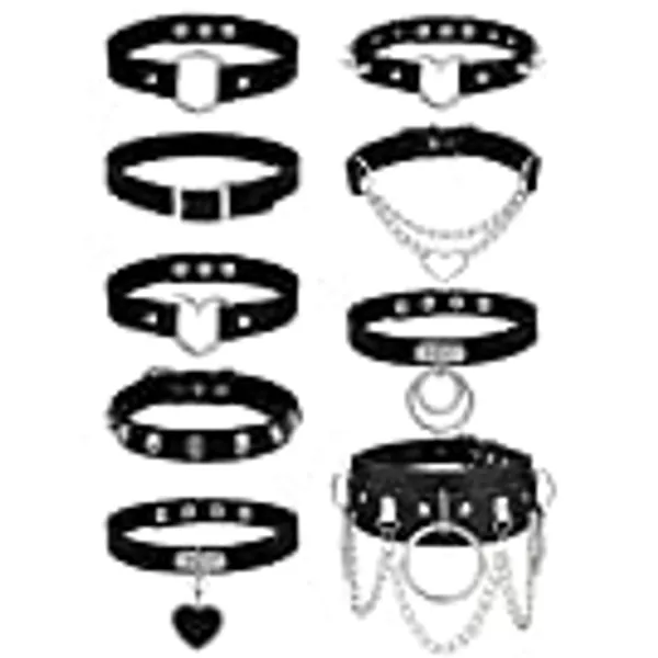 JeweBella 9 stuks Gothic choker-halsband voor dames en dames, PU-lederen halsketting, set, punkketting, zwarte halsband, choker, spikes, rok, leren band, choker, kraag, cosplayer, hart, klinknagels, choker, verstelbaar, Roestvrij staal