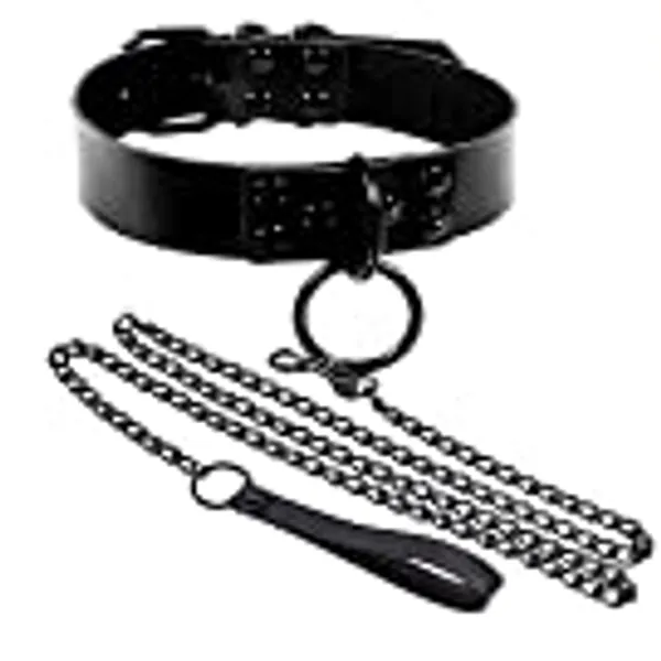 Conruich Lederen choker voor dames, verstelbare PU-leren halsketting, vintage halsketting, metalen ring, halsband, zwarte punk rock gothic halsband kraag met trekkoord voor vrouwen accessoires, Roestvrij staal