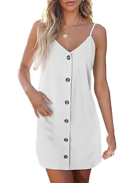 AlvaQ Women Summer Spaghetti Strap Button Down V Neck Sleeveless Casual Mini Dress - Short Sleeve Green Small